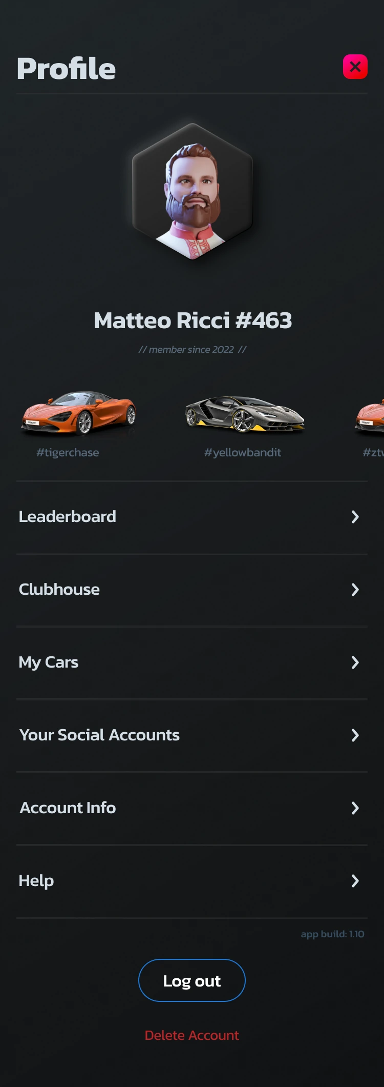 A member profile: cars, track photos and social links